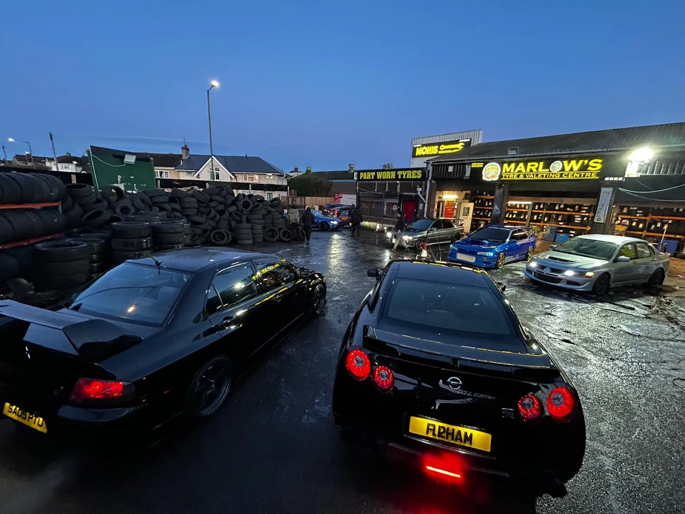 Marlows Tyre and Valeting Centre at night